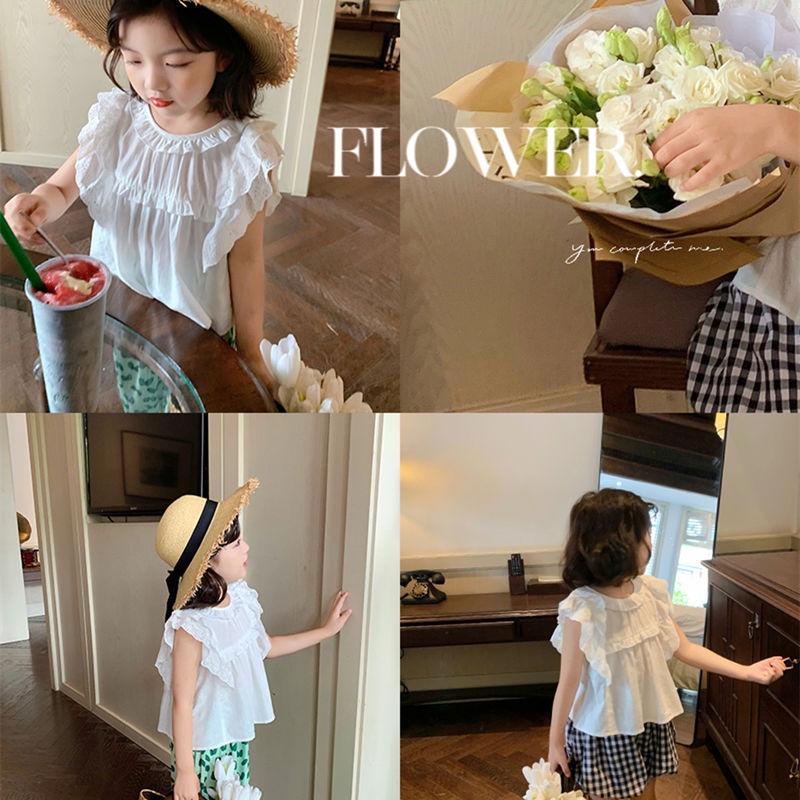 Hàng Mới Về Set Áo Sơ Mi Tay Ngắn Phối Bèo + Quần Short Màu Trắng Thời Trang Mùa Hè Cho Bé Gái