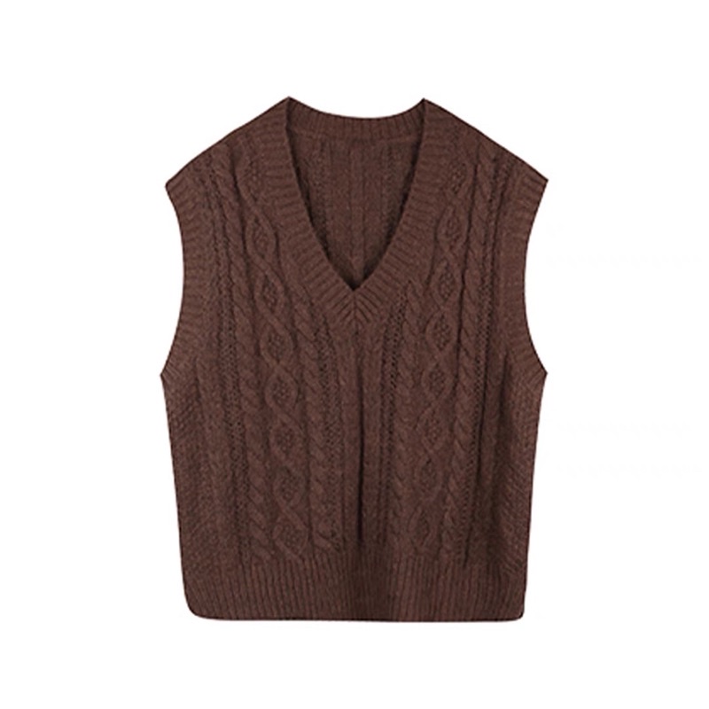 Áo gile len màu nâu cổ chữ V hot trend