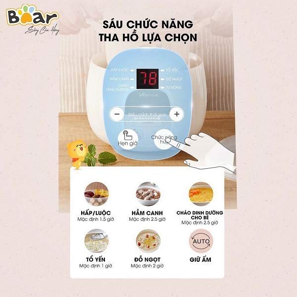 NỒI NẤU CHÁO CHẬM BẢN QUỐC TẾ - 1 ĐỔI 1  0.8L CHÍNH HÃNG BEAR BH 18 THÁNG CHẾ BIẾN ĐỒ ĂN DẶM CHO BÉ