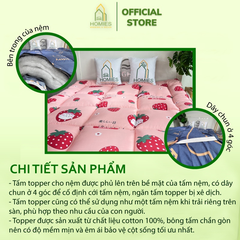 Nệm Topper Dâu Tây Hồng HOMIES Tấm làm mềm đệm cotton Đũi Hàn quốc mới nhất 2020 - Có Chun 4 Góc Cố Định Đệm