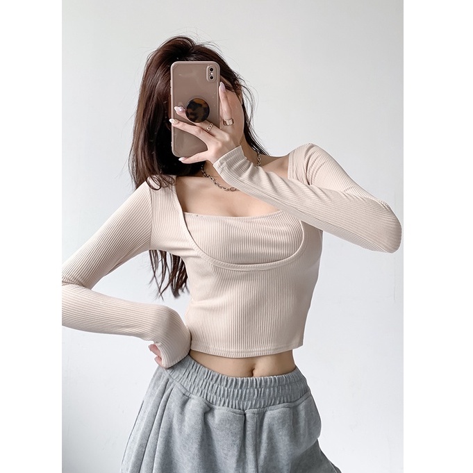 【Cocory】Áo croptop dệt kim form ôm tay dài trẻ trung hợp thời trang cho nữ