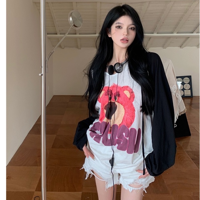 Áo Hoodie Tay Dài Chống Nắng Mỏng Dáng Rộng In Họa Tiết Hoạt Hình Phối Màu Cá Tính Thời Trang Hàn Quốc Cho Nữ