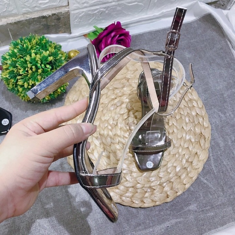 Sandal cao gót quai mảnh ngang da bóng gót dẹt 9p kiểu dáng công sở max đẹp