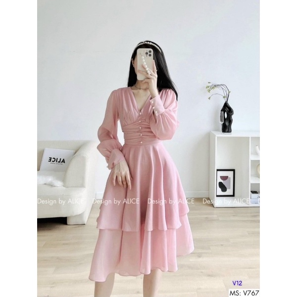 Đầm voan 2 tầng nhún ngực tay dài siêu xinh