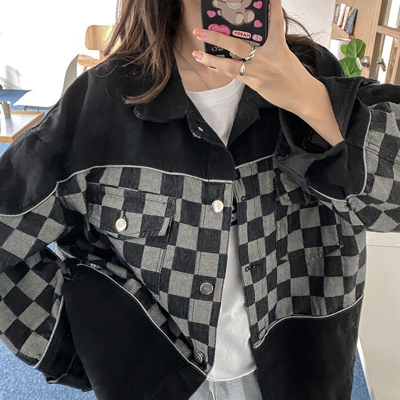 Áo khoác style Hàn bò denim tone đen phối vạt kẻ caro họa tiết bàn cờ có size ulzzang Hàn