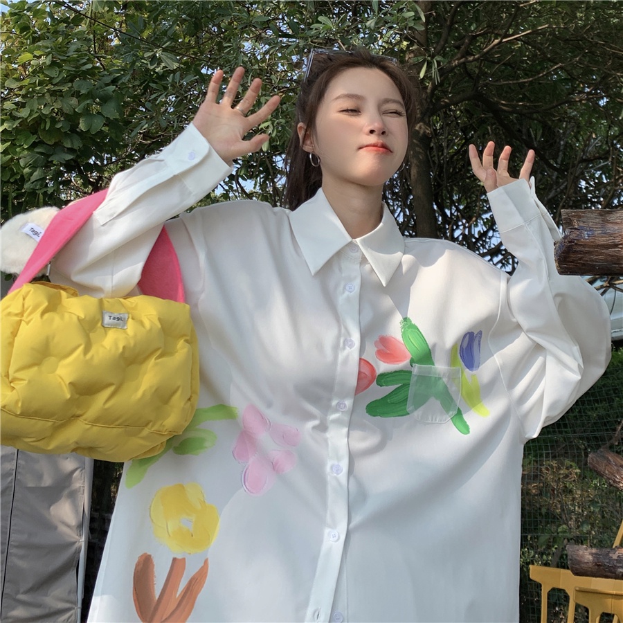 Áo Sơ Mi Nữ Tay Dài Dáng Rộng Cổ Polo In Họa Tiết Phong Cách Hàn Quốc