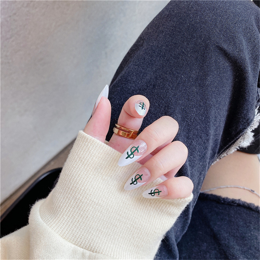 【sweet】24PC woman 3D waterproof USD Dollar pattern Detachable Removable Finished Fake Nail Nail Patch with glue