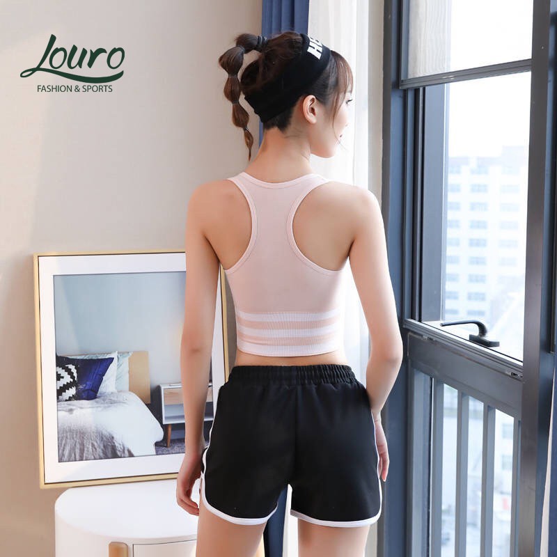 Áo bra gym, yoga Louro BL11, kiểu áo bra thể thao sexy thuộc bộ đồ tập có lót ngực, dáng crotop nâng ngực tôn dáng