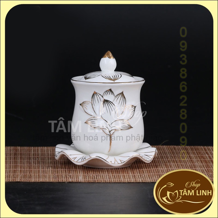 Chung Nước Đại Bi Bạch Ngọc Sen Nổi Bằng Sứ Cao Cấp - Loại 1