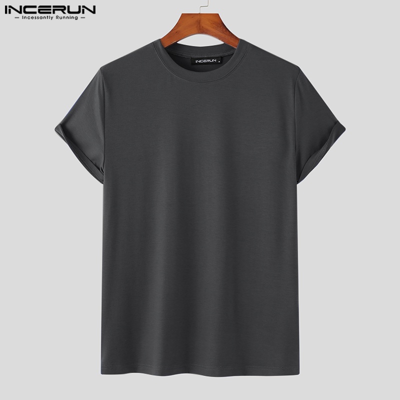 Áo thun INCERUN tay ngắn cổ tròn màu trơn thiết kế đơn giản thời trang cho nam
