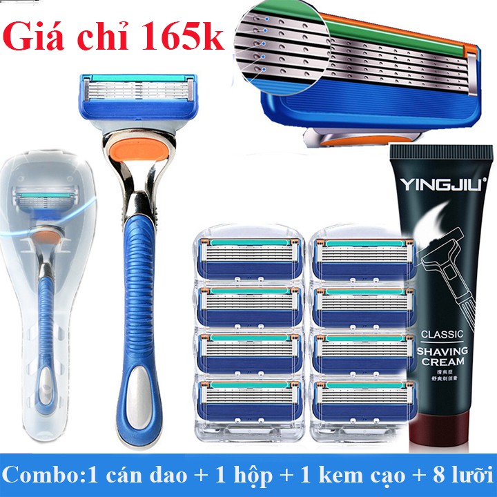 Dao cạo râu combo dao cạo + 8 lưỡi thay thế tặng kèm hộp đựng và kem cạo