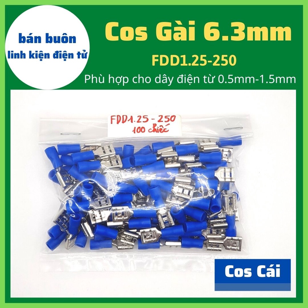 100 đầu cos gài 6.3, MDD1.25-250, cốt gài 6.3mm loại đực, đầu cos 6.3mm