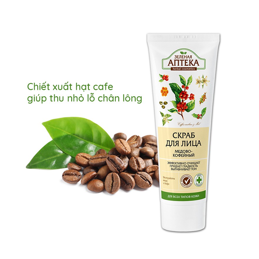 Tẩy Tế Bào Cho Da Mặt Giúp Da Đều Màu Chiết Xuất Mật Ong Và Cà Phê Zelenaya Apteka Face Scrub honey &amp; coffee 75ml