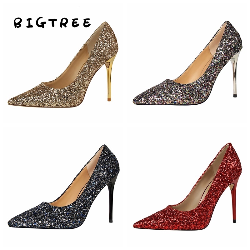 BIGTREE Giày Cao Gót 9.5cm Mũi Nhọn Miệng Nông Đính Kim Sa Lấp Lánh Màu Đỏ Quyến Rũ Cho Nữ  9219-1