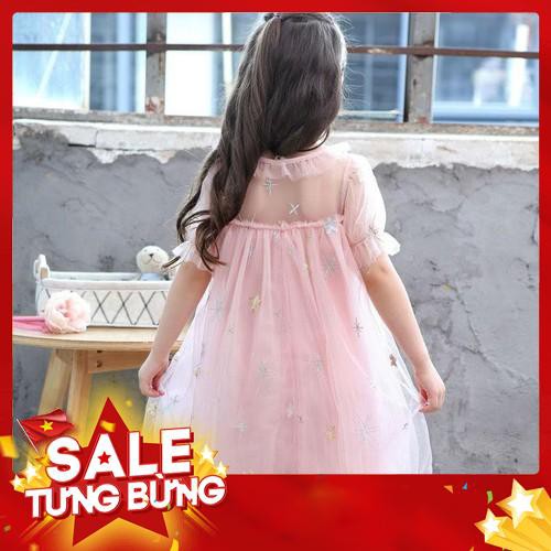 Đầm xòe cotton ngắn tay phối lưới họa tiết ngôi sao cho bé gái -Hàng nhập khẩu