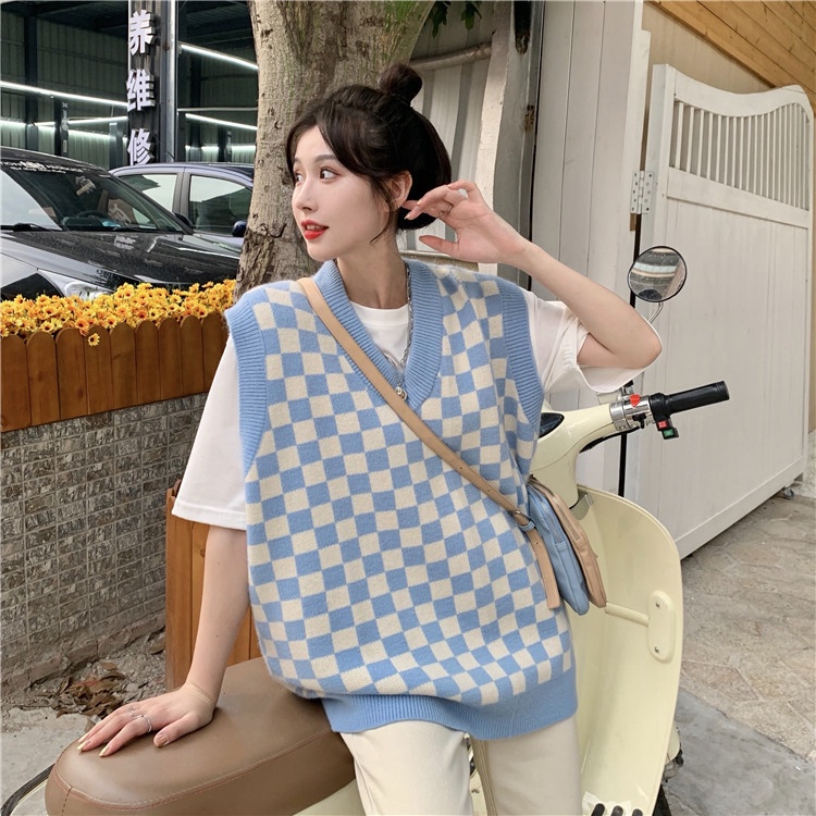 Áo len không tay cổ chữ V dáng rộng họa tiết sọc caro phong cách Retro | BigBuy360 - bigbuy360.vn