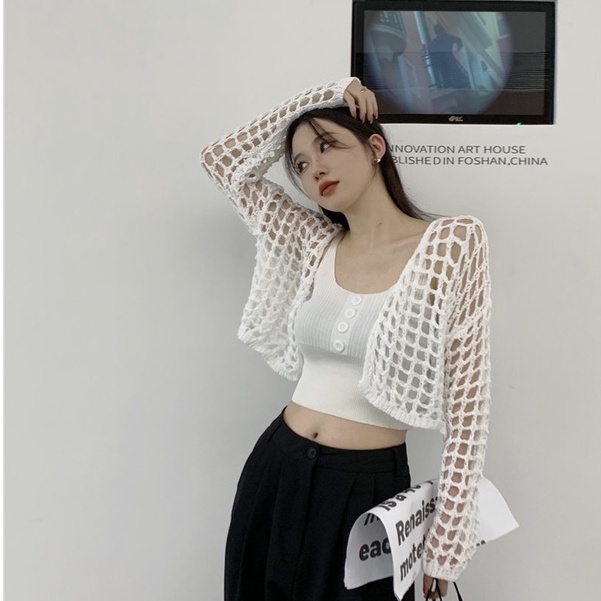 Áo Khoác Cardigan Dệt Kim Chống Nắng Dáng Rộng / Ngắn Đục Lỗ Mới Cho Bé Gái