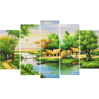 VLK227 - Bộ 5 Tấm Tranh ghép treo tường Phong Cảnh Sơn Thủy Hữu Tình Đồng Quê trang trí phòng khách ngủ bếp ăn nhà cửa