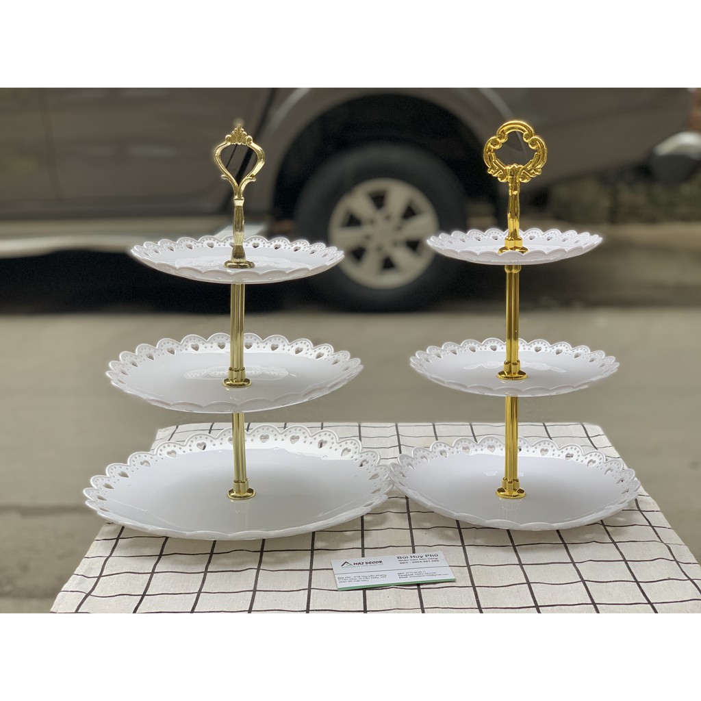Khay đựng bánh kẹo💖FREESHIP💖Khay bánh kẹo 3 tầng mạ vàng bằng nhựa đựng hoa quả hình vuông hình tròn trục mạ vàng