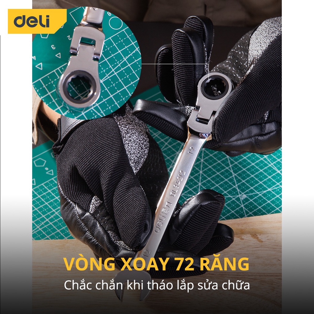 Cờ Lê Tự Động Đầu Gập Deli Cao Cấp - Sử Dụng Linh Hoạt - Chất Liệu Chống Mòn, Gỉ - DL34212