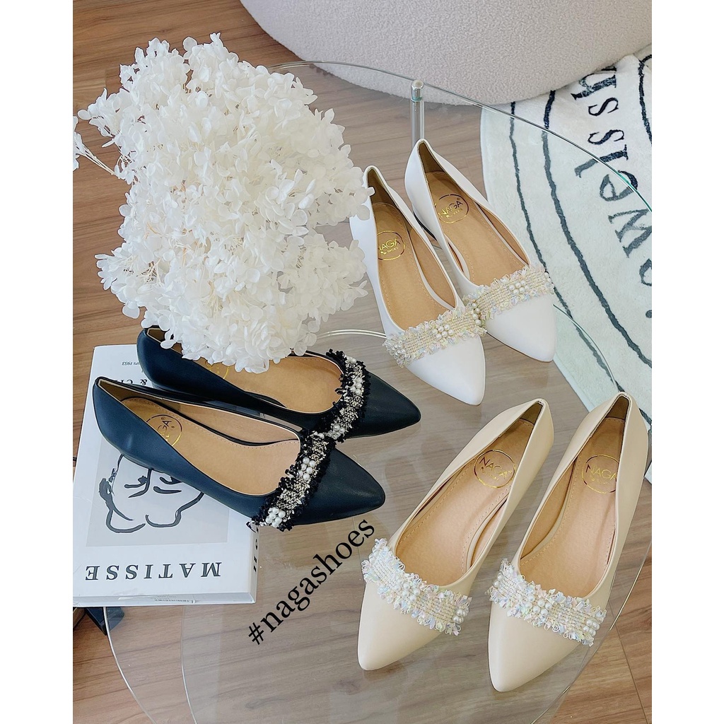 GIÀY BÚP BÊ NAGASHOES BÍT MŨI PHỐI VẢI REN HỌA TIẾT NAB57