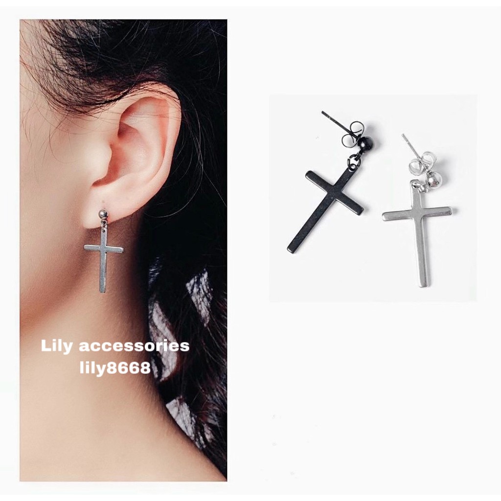 Cross Earring khuyên tai titan thánh giá nam nữ không gỉ không dị ứng không đen unisex (nút xỏ)