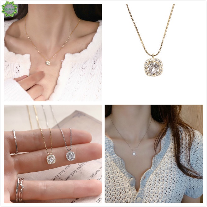 Vòng cổ Mặt Vuông Siêu Mỏng Đính Đá Lấp Lánh Thanh Lịch Cho Nữ