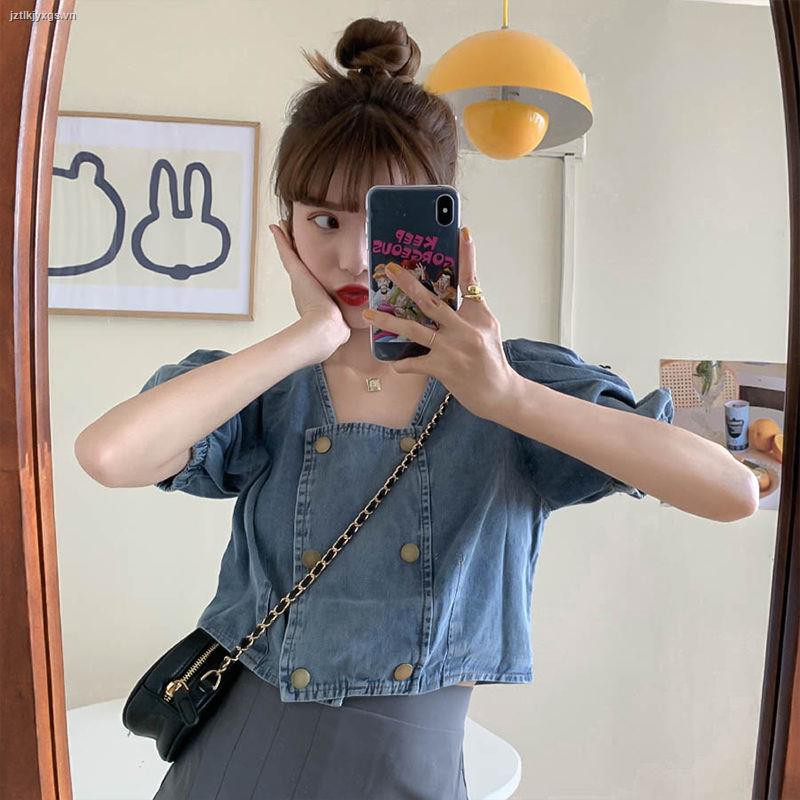 ✚Summer 2021 new retro Hong Kong style design sense navel short loose square collar denim short-sleeved shirt top women