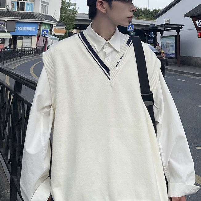 Áo ghile nam oversize, áo len nam dệt kim cổ V thời trang học sinh sinh viên phong cách Hàn Quốc