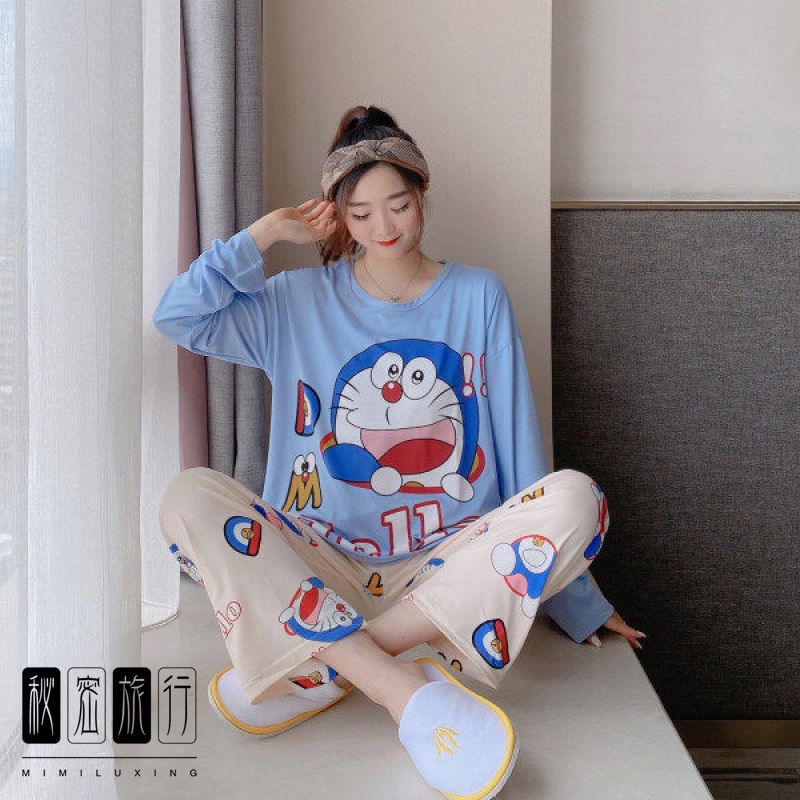 Bộ Đồ Ngủ Tay Dài In Hoạt Hình Doraemon Thời Trang Mùa Thu Cho Nữ