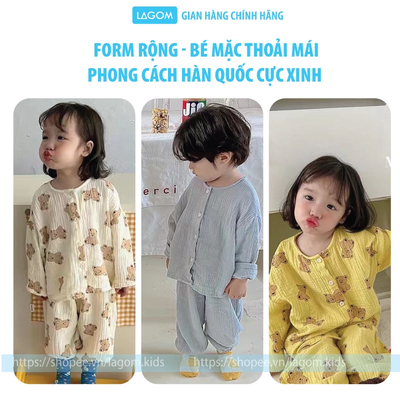 [ĐŨI SỢI TRE] Bộ Dài Tay Bé Trai, Bé Gái Thu Đông | Pijama Cho Bé Vải Đũi Muslin Cao Cấp Lagom