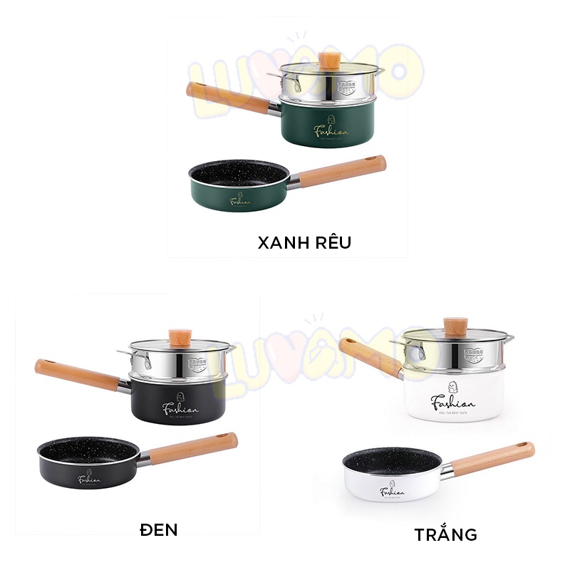 Bộ nồi chảo ăn dặm cho bé fashion khủng long 16cm kèm xửng hấp luvamo (cán lắp sẵn)