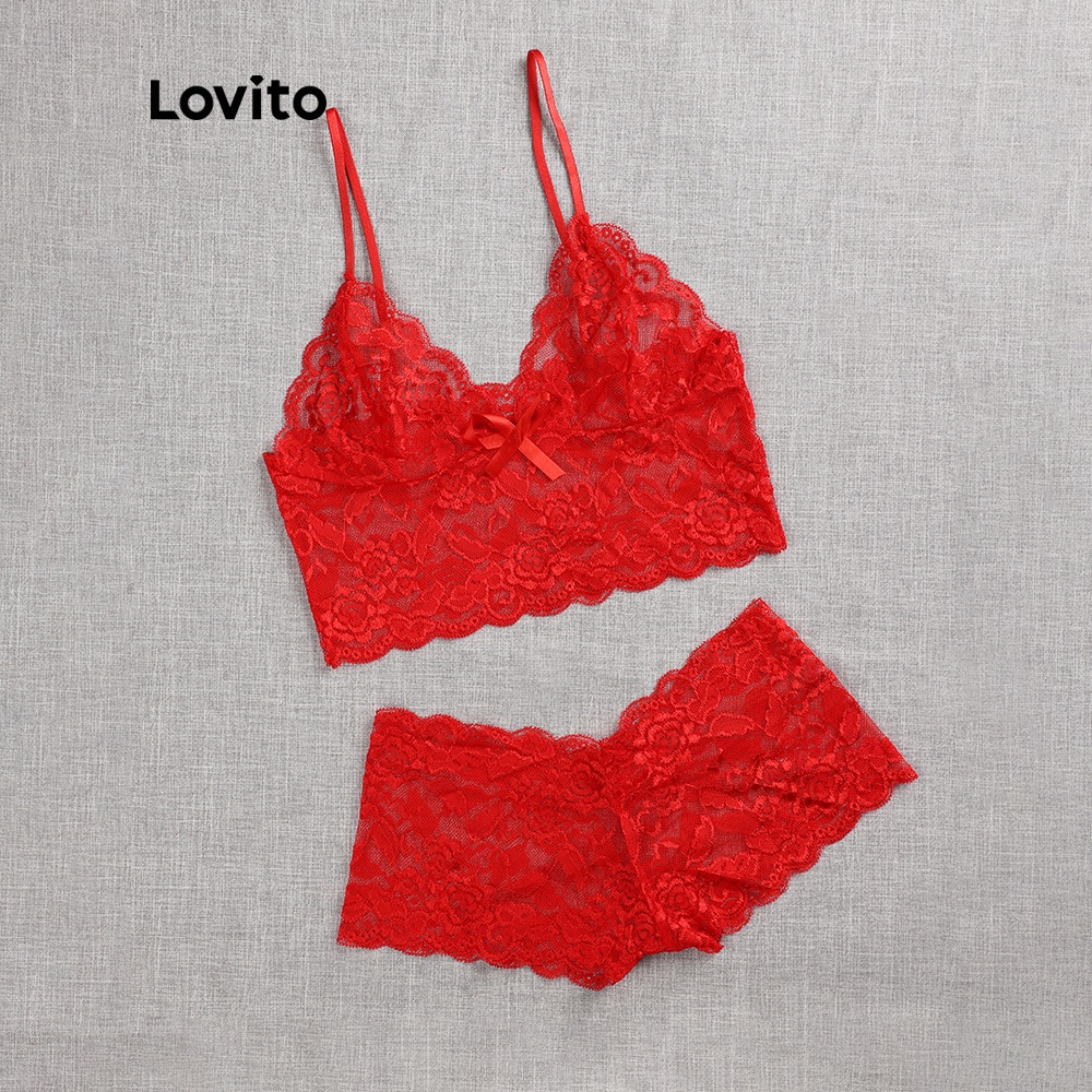 Set áo ngực Lovito không co giãn phối ren sexy L00306 (đỏ/đen)