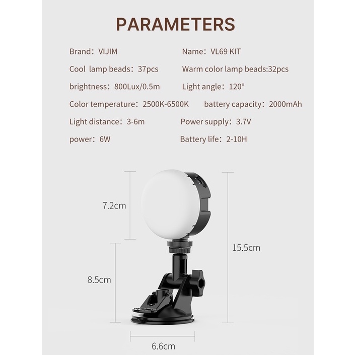ULANZI VIJIM VL69 KIT (2500-6500K) - HÀNG CHÍNH HÃNG - Đèn LED dùng cho Máy tính, tích hợp pin 2000mAh
