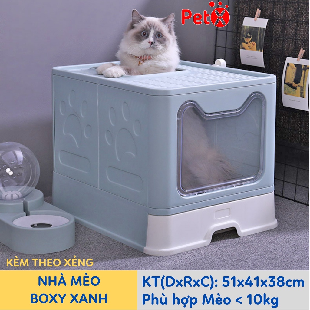 Nhà vệ sinh cho mèo có ngăn kéo khép kín có cửa vào ra riêng chống văng cát kèm xẻng Boxy PetX