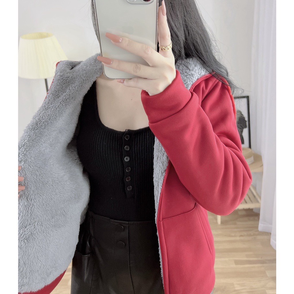 Áo khoác nỉ nữ lót lông, Áo hoodie kéo khóa nữ ấm áp trẻ trung Mamen Shop | BigBuy360 - bigbuy360.vn