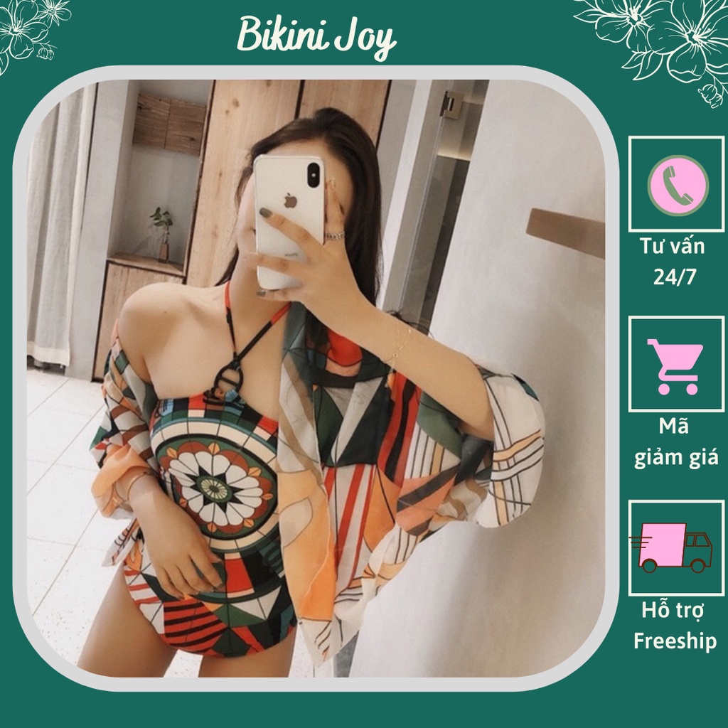 Bikini một mảnh phối thổ cẩm cổ chéo dây kèm khăn