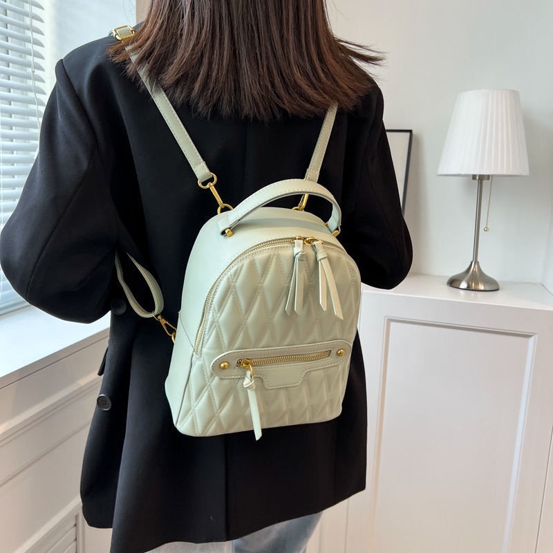 Ba Lô Da Chuwanglin Sọc Ca Rô Phối Khóa Kéo Đôi Thời Trang Cá Tính Cho Nữ