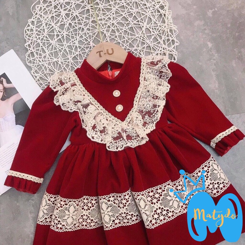 Váy đầm nhung đỏ xòe phối ren cho bé gái diện Noel và Tết váy tiểu thư cao cấp cho trẻ từ 10-18kg