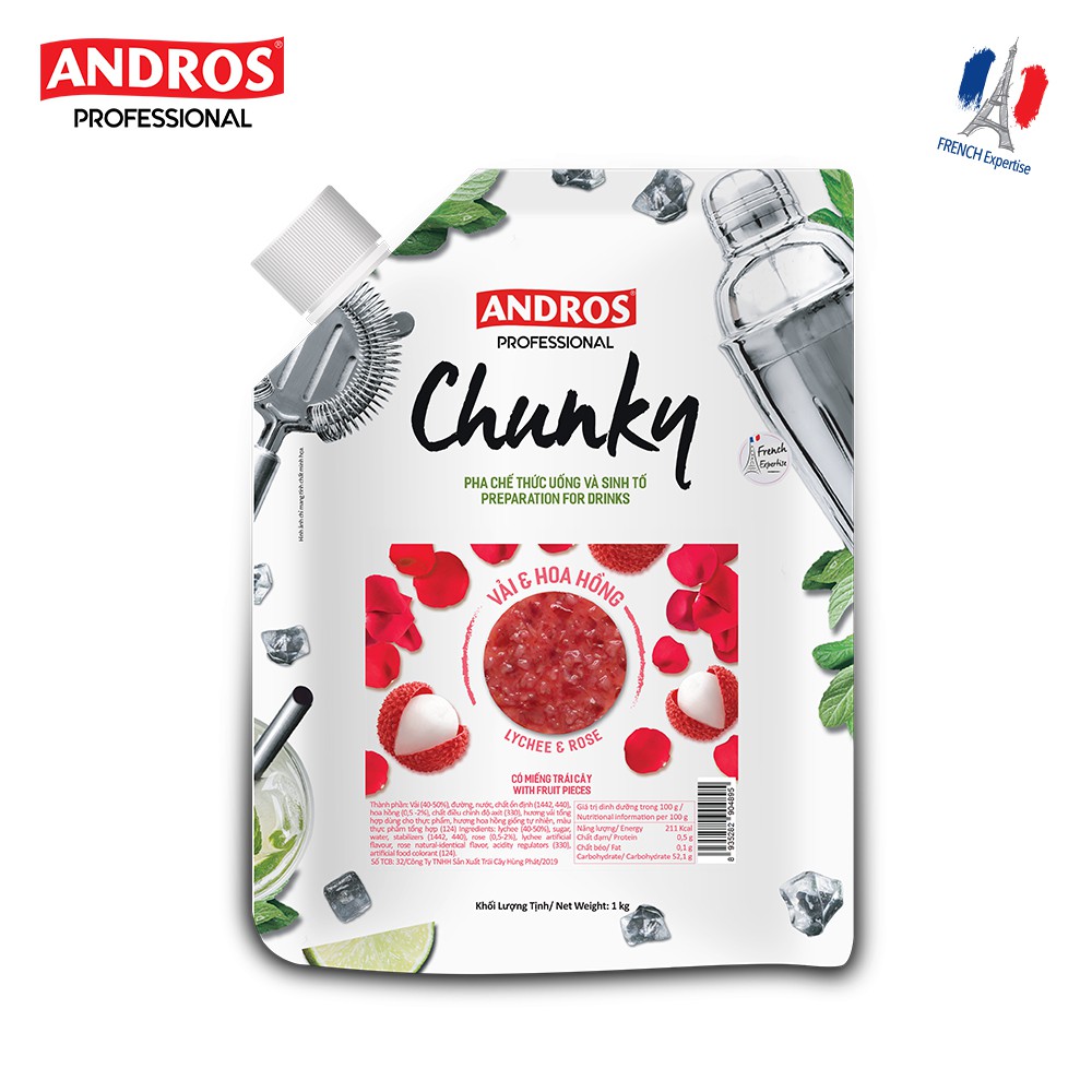 ANDROS - CHUNKY Vải &amp; Hoa hồng (Lychee &amp; Rose) - Nguyên liệu pha chế - Mứt Trái Cây -  Túi 1 kg