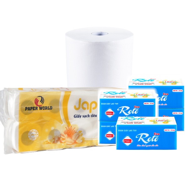 [COMBO TIỆN LỢI] 01 cuộn giấy đa năng JP1000S, 30 cuộn giấy nhỏ AKI10, 02 gói khăn giấy rút lau tay đa năng RTE20-1