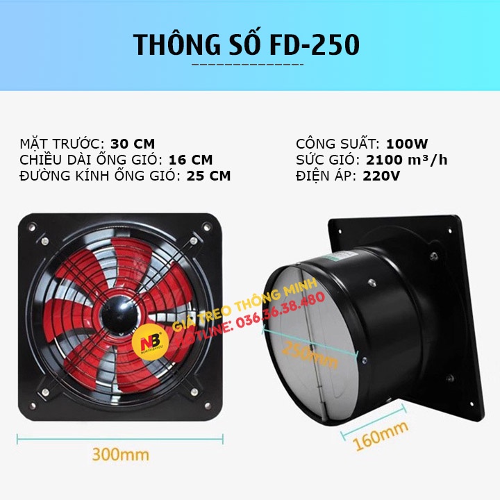 Quạt Hút Mùi Nhà Vệ Sinh , Nhà Bếp , Phòng Ngủ - Quạt Hút Thông Gió Nhà Xưởng FD 250 - 100W / Sức Gió 2100 m3/h