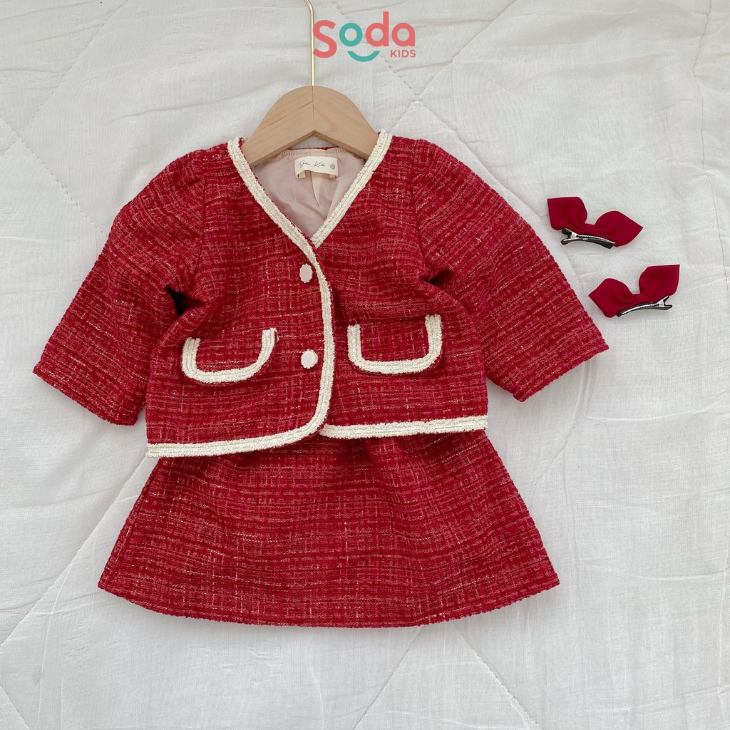 (Hàng thiết kế) Bộ áo khoác dạ đỏ kèm chân váy Thu Đông xinh tiểu thư