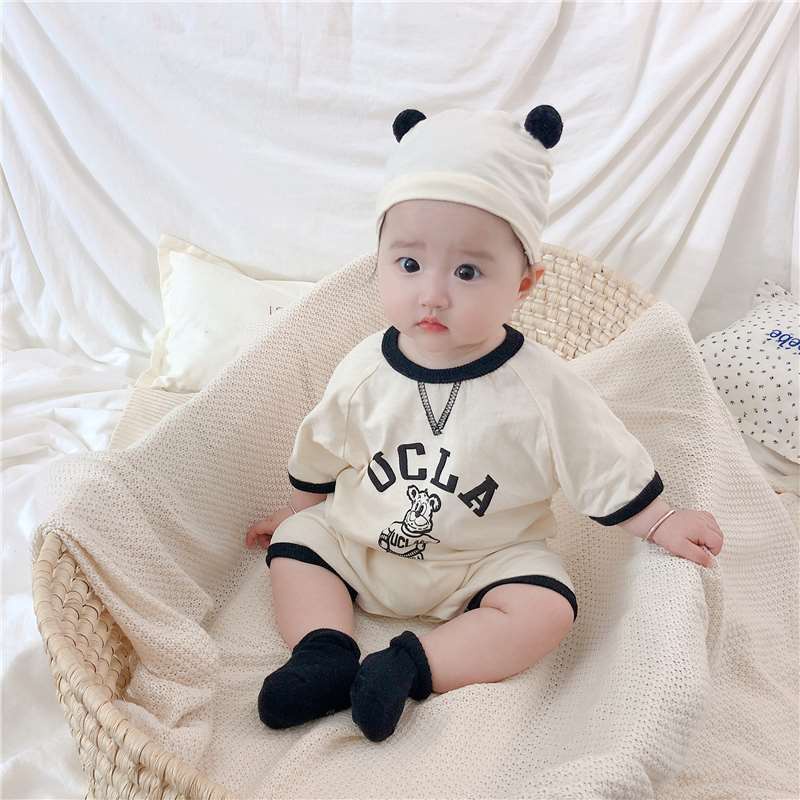 Bộ Áo Liền Quần Tay Ngắn Bằng Vải Cotton In Họa Tiết Dễ Thương Kèm Nón Cho Bé Gái Sơ Sinh