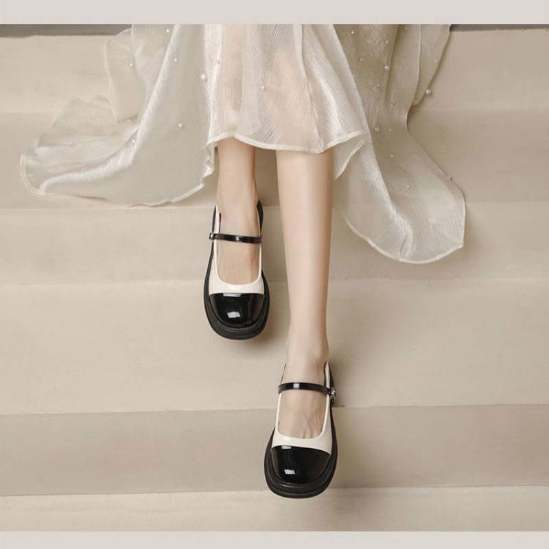 Giày da RENBEN đế dày mũi tròn màu đen be phong cách retro cổ điển