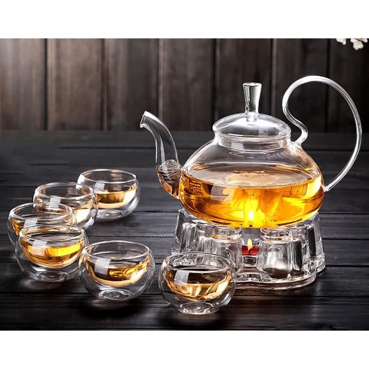Bộ ấm pha trà, bình trà thuỷ tinh cao cấp chịu nhiệt và đế nến- khay gỗ