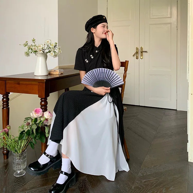 Váy đầm sườn xám cách tân đen đuôi trắng cách điệu retro phong cách Ulzzang
