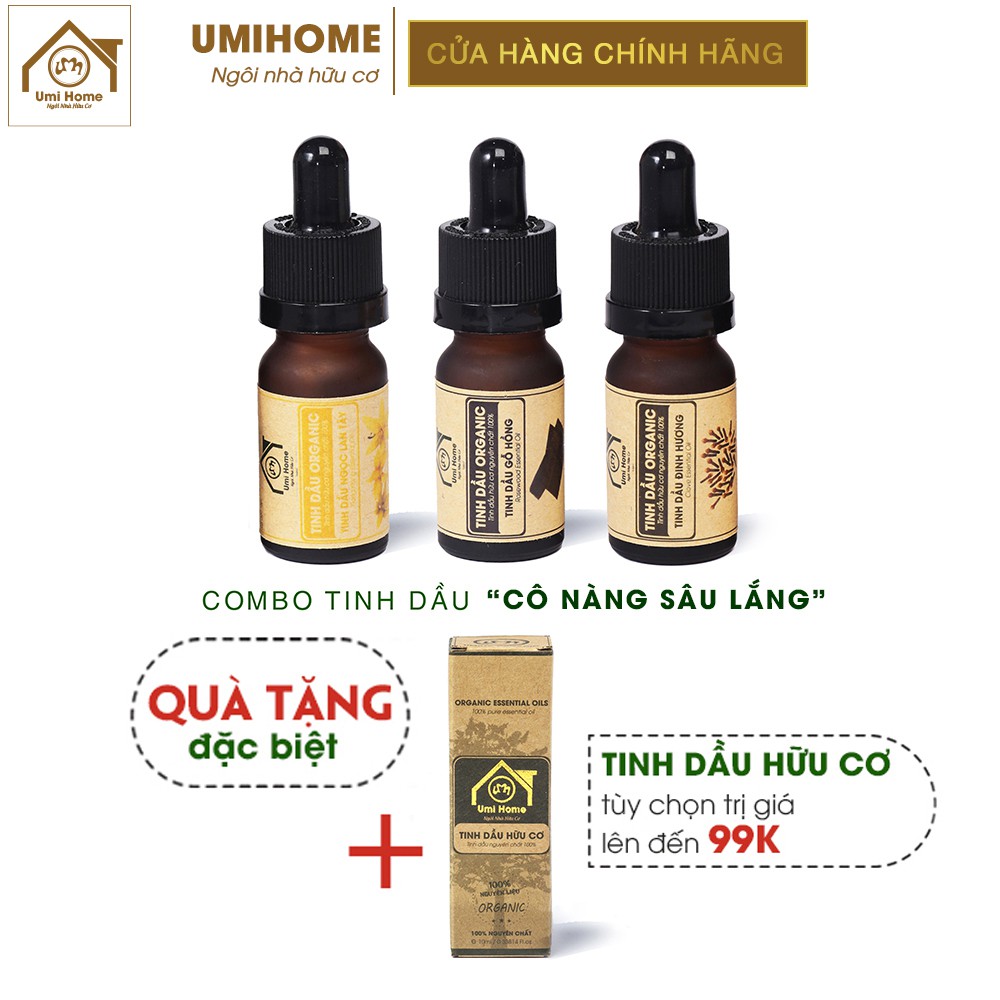 Combo 3 loại Tinh Dầu UMIHOME gồm Gỗ Hồng, Ngọc Lan Tây, Đinh Hương (10mlx3) hữu cơ nguyên chất