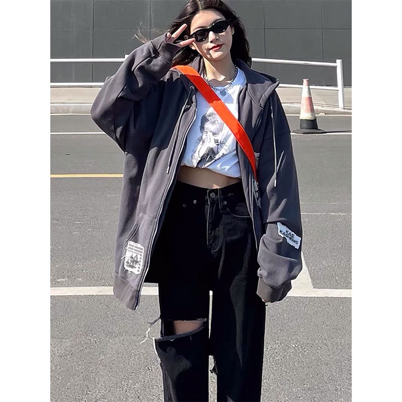 Áo khoác hoodie khóa kéo in hình graffiti đường phố bụi thời trang mùa thu cho nữ y2k