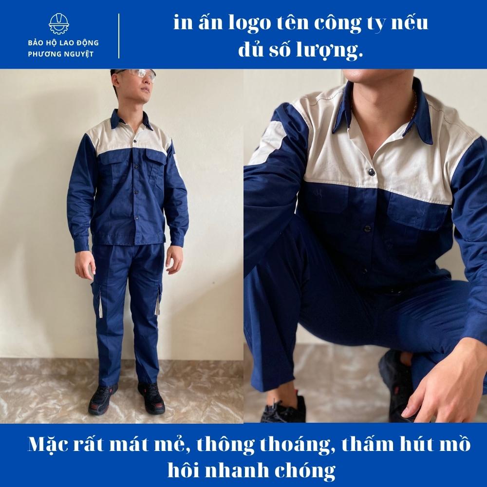 Quần áo bảo hộ lao động tím than phối ghi Kaki 3/1, quần áo kỹ sư mặc thoáng mát, không bai, không xù, không dão